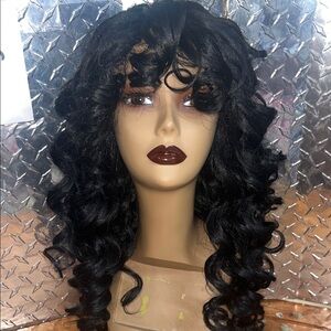 Elegant Black Curly Hair  full Wig with bang
